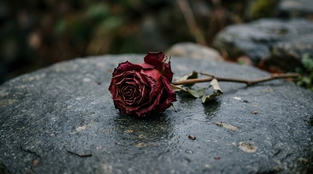 Single Dried Red Rose Resting on a Wet Dark Gray Stone Surface.