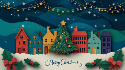 Fototapeta premium Paper Art Houses and Christmas Tree Illustration – Merry Christmas and Happy New Year Festive Craft Design