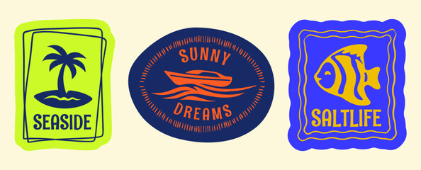 Retro Summer Beach Postcard Sticker Set, Vintage Hand Drawn Travel Postage Stamp Signs Flat Vector Illustration for T-Shirt Prints, Posters, Stickers, and Travel Designs © Whiskerz