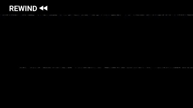 Retro VHS camcorder frame overlay with rewind text and analog glitch noise texture. 