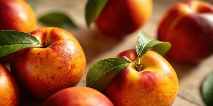 Closeup smooth nectarines summer background with glossy skin and green leaves for food poster and packaging design National Peach Month