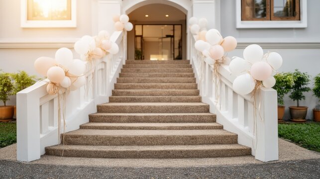Grand entrance decorated with balloons along outdoor staircase