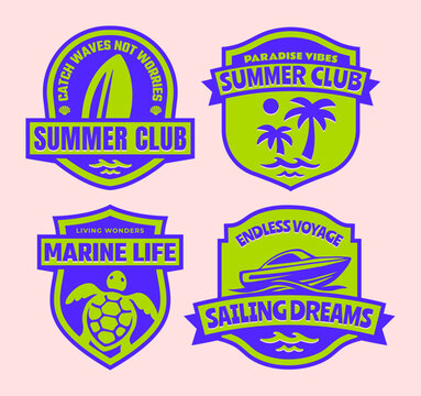 Retro Beach & Summer Club Badges with Surfboard, Palm Tree, Sea Turtle, Boat, Vintage Tropical Logo Design Flat Vector Illustration for T-Shirt Print, Sticker, Poster, Coastal Branding