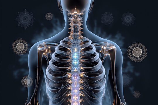 Detailed anatomical-inspired illustration of chakras aligned along spine, glowing symbols, dark background, educational yet artistic style