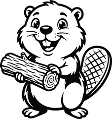 Cute cartoon beaver mascot holding a wooden log in black and white line art style for coloring book page design. © Vector Design