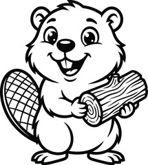 Cute cartoon beaver character holding a wood log for children coloring book page vector illustration. © Vector Design