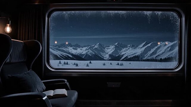 Cozy train compartment interior with scenic winter mountain view from the window