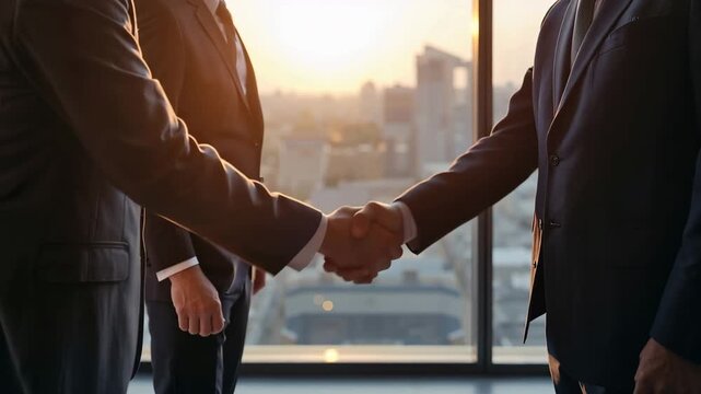 役員クラスの日本人が夕景の前で握手し新たな提携を結ぶ