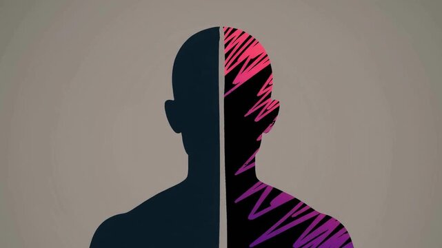 Abstract human head split into two contrasting halves, identity and duality concept, psychology, personality conflict, modern minimal illustration