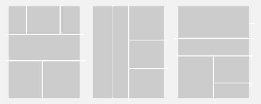 Image collage layout template. Mosaic mood board grid collection. Picture frame set. Photo album concept idea for banner, poster, comic page, flyer, brochure, booklet, memory wall design. Vector pack