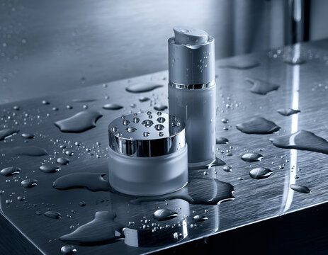 Reflective surface view of luxury skincare containers with water droplets amidst dark environment