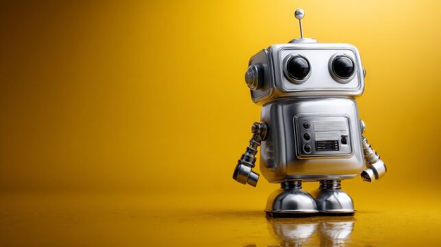A shiny vintage robot figurine on a vibrant yellow background.