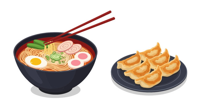 Delicious japanese ramen noodle soup and gyoza dumplings isolated illustration