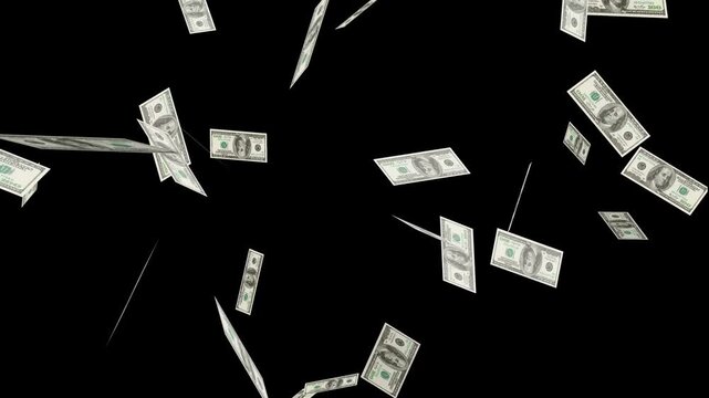 falling us dollar bills money rain loopable 4k alpha channel overlay. realistic american 100 dollar banknotes flying 4k.