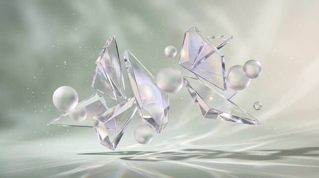 A macro close-up of shiny transparent ice cubes falling into blue liquid with sparkling water drops that look like jewelry diamonds and silver pearls