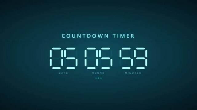 Digital countdown timer animation with hours minutes seconds display on dark teal background