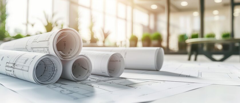 Rolled architectural blueprints and technical drawings on white desk in modern office. Engineering planning, construction project and real estate development concept.