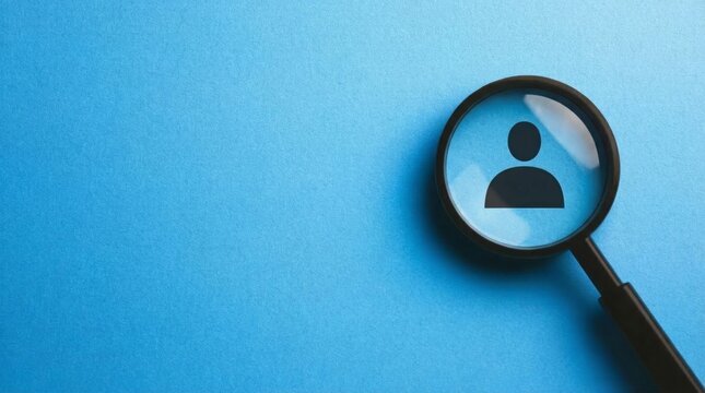 Magnifying Glass Focusing On Human Silhouette Icon Over Blue Paper Background Representing Recruitment Concept