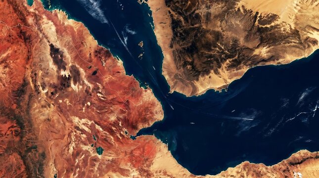 High contrast satellite map of the Red Sea and Bab al-Mandab Strait region