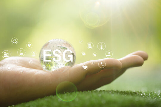 ESG icon concept  for environmental, social, and governance in sustainable and ethical business on the Network connection on a green background.