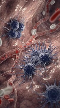 Cancer cell, aggressive malignant tumor developing inside vascular tissue, demonstrating rapid cellular proliferation, mutation, and disease progression, highlighting oncology challenges.