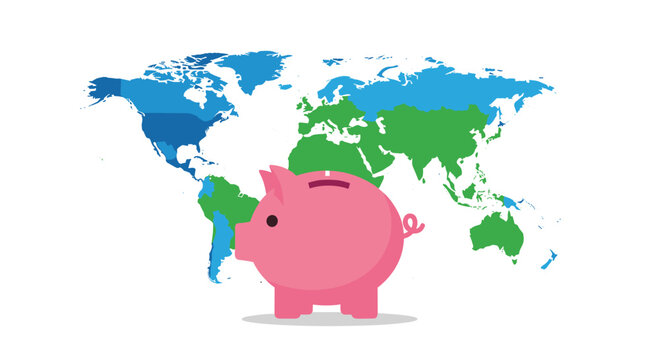 A large pink piggy bank stands prominently in front of a blue and green world map on a white background representing global savings and finance.
