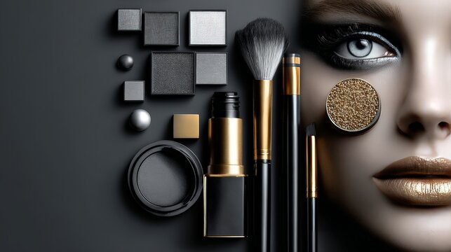 Elegant makeup tools and cosmetics on a dark background.