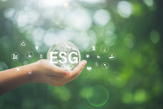 ESG icon concept  for environmental, social, and governance in sustainable and ethical business on the Network connection on a green background.