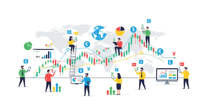 A group of diverse people interact with a giant financial candlestick chart and various data icons over a light gray world map background.