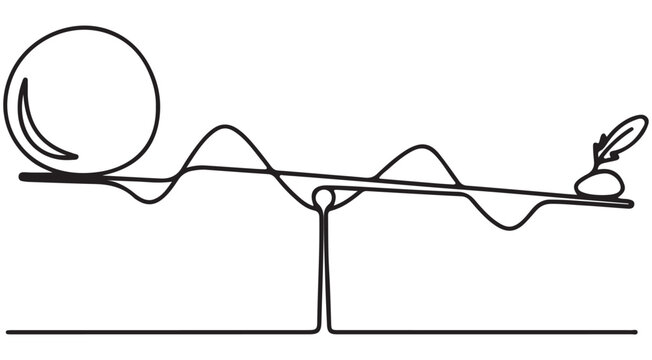 Continuous line drawing of a seesaw balancing a heavy sphere and a light feather isolated on white background