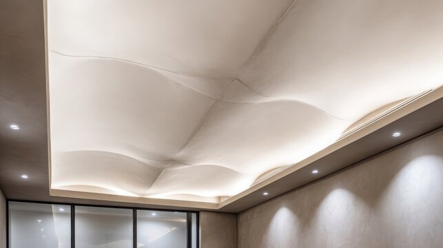 Modern off-white stretched fabric ceiling with undulating waves and integrated warm ambient lighting