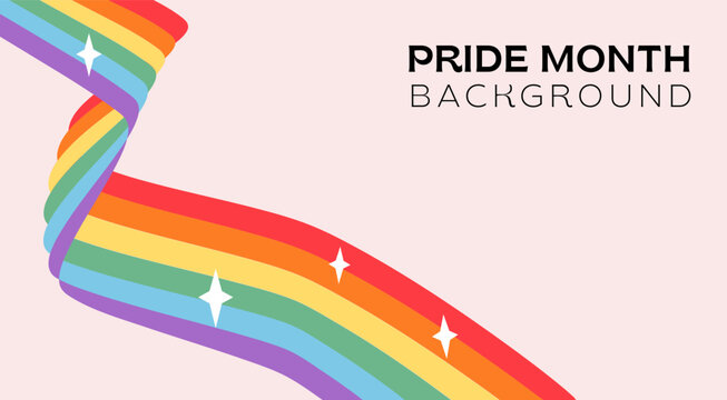 Queer Pride Month background with waving rainbow ribbon. Y2K aesthetic LGBTQ horizontal banner with sparkles for inclusive marketing, web header, or social media cover design. Vector illustration.