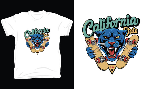 California state emblem with blue panther holding skateboards illustration.