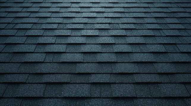 Close-up view of dark asphalt shingles on a rooftop, showcasing uniform texture and pattern.