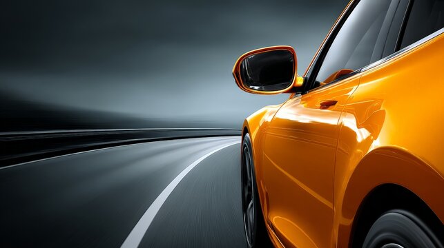 Sleek orange car racing down a smooth winding road.