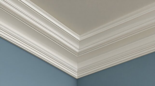 Intricate white gypsum crown molding details on a smooth ceiling and blue wall interior