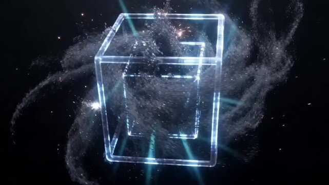 Futuristic Particle Vortex Forming Glowing Cube Core in Cinematic 3D Render