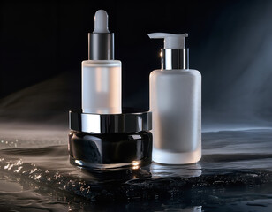 Naklejka premium Skincare products on dark surface with dramatic lighting and luxurious environment viewed from above