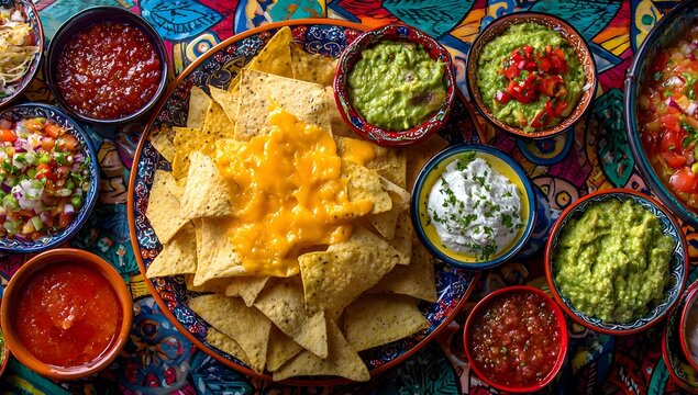 Delicious Mexican Fiesta - A Colorful Spread of Chips, Dips, and Salsas.