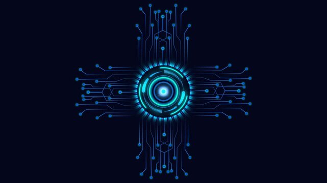 Cyan digital circuitry forms a cross. Digital circuitry connects the hub. This digital circuitry offers a futuristic network visualization for high tech information technology.