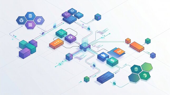 Isometric data integration network diagram featuring connected digital blocks and hexagonal nodes representing complex software architecture and cloud infrastructure