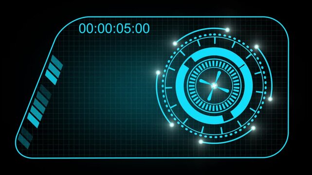 Futuristic digital interface counts down. Digital interface displays time. This digital interface with circular HUD element provides a high tech timer for professional media.