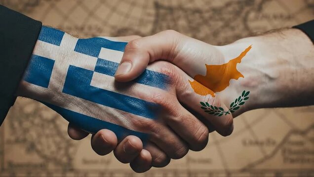 Two hands shaking with greek and cypriot flags painted on skin surface.
