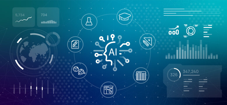 Artificial intelligence education application banner icons for science graduation cap ruler and pencil for smart learning technology and online classroom management with data visualization and