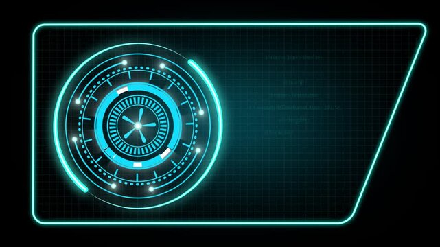 Circular HUD element rotates. HUD element displays text. This HUD element on grid background offers a professional science fiction interface for modern digital video overlays.