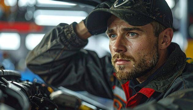 Mechanic's Contemplation: A focused and determined mechanic pauses in his work, thoughtfully surveying the intricacies of the engine before him, embodying dedication and technical prowess.