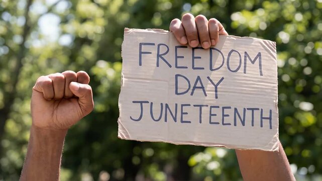 A person's hands, one clenched in a fist and the other holding a sign that reads 'FREEDOM DAY JUNETEENTH', against a blurred green background.