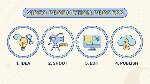 Video production process framework covering concept ideation camera shooting post production editing and digital platform publishing for professional content creation workflow