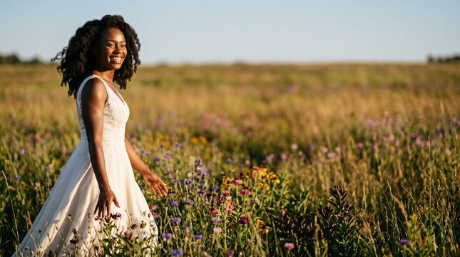 Smiling African American woman in white dress walking through wildflower field.
