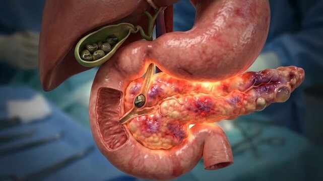 Human anatomical representation, diseased pancreas, severe acute pancreatitis, painful inflammation, gallstones obstructing bile duct, critical gastrointestinal condition, medical science